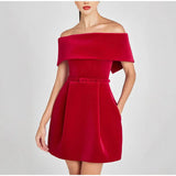 Velvet Off Shoulder Solid Mini Dress-Outfit