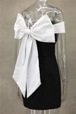 Black Off-shoulder Large Back Bow Mini Dress-Outfit