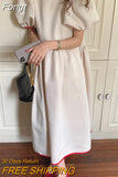 Chic Summer Round Neck Robe Contrast Color Lace Bow Polka Dot Puff Sleeve Women Midi