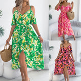 And Summer Out-To-Shoulder Cross V-Neck Flower Sling Dress Holiday Dress Women's