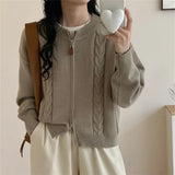 Fongt Coat Double Zipper Knit Cardigan Female Fall 2024 Design Sense Casual Loose Round Neck Sweater Top-Outfit
