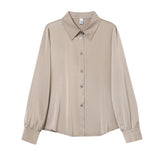 Spring Shirt Women Long Sleeve Satin Fashion Solid Ladies Tops Blouse Single-breast Button Chiffon Turn-down Collar