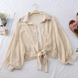 Shirts Women 2020 Summer Half Sleeve Buttoned Up Shirt Loose Casual Blouse Tied Waist Elegant Blouses For
