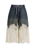 Fongt Temperament Casual Two Sets Of 2025 Autumn And Winter New Trend Hottie Lace Splicing Denim Shorts Set Female