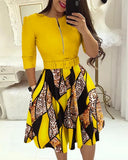 Fongt New Round-Neck Printing Belt Fashion Casual Commuter Dress