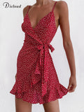 Summer Red Short Wrap Dress For Women 2022 Boho Sexy Printed Spaghetti Strap Light Beach Sundress Party Female
