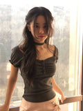 Fongt Pure Desire Girl Age Reduction Irregular Lace Splicing Short-Sleeved T-Shirt Design Bubble Sleeve Repair Body