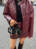 Fall 2024 Fashion New Retro Design Sense Wine Red Leather Coat Short Skirt Suit Girl-Outfit