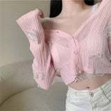 Summer V-neck Short Knitted Sweaters Korean Butterfly Thin Cardigan Long Sleeve Sun Protection Crop Top Ropa