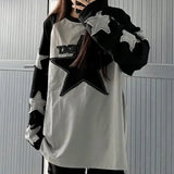 Kpop Harajuku Star Grey Sweatshirt Women Y2K Hippie Grunge Patchwork Letter Hoodie Korean Oversize Long Sleeve