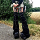 Fongt Punk Style Cool Hot Babes Chicken Eye Metal Buckle Decorative Horn Trousers Knitted Leggings Leg Sleeves