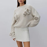 Fongt Casual Women 2025 Autumn New Three-Dimensional Flowers Stitching Design Long-Sleeved Loose Knitting Top