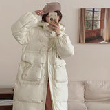 Korean Sweet Bamboo Buckle Down Jacket Female Long 2024 Winter New Hat Over The Knee Thick Warm Coat-Outfit