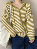 Hooded Striped Long Sleeve Knit Cardigan-Outfit