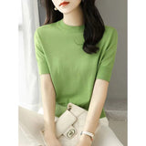Sweater T-Shirt Women's Wear New Summer Half-High Collar Chic Premium Ice-Sensitive Silk Black Blouse Thin-Outfit