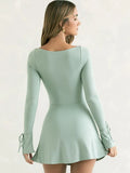 Sleeve Bodycon Black Dress Square Neck Basic Slim Spring Autumn Dresses Solid Streetwear High Side Split Mini