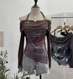 Vintage Print Shoulder Irregular Long-Sleeved T-Shirt Hanging Neck Slim Thin Short Bottom Top
