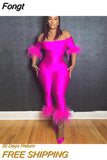 Slash Neck Off Shoulder Feather Slim Fit Jumpsuits Women Black Goth Stretch One Piece Rompers 2023 Summer Night Club