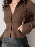 Polo Neck Long Sleeve Rib Blouse-Outfit