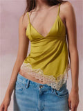 Sexy Women Slim Camis Tops Spaghetti Strap V-Neck Vest Lace Patchwork Asymmetric Hem Mini Vest Summer Party Clubwear-Outfit