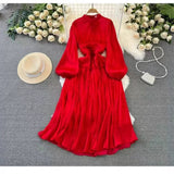 Fongt Korean Version Of The Lantern Long Sleeve To Receive The Waist Thin Folded Folded Lily Dress Seaside Long Skirt