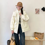 Half-Round Button Short Down Jacket Female 2024 Winter New Hat Add Thick Waist Show Thin Overalls Warm Coat-Outfit