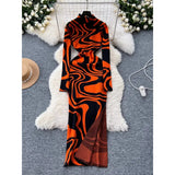 Fongt Women's Dress 2024 New Slim Slim Fashion Print High Neck Slit Long Knit Dress-Outfit