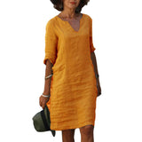 Cotton Linen Small V-neck Stitching Retro Basic Model Solid Color Three-quarter Sleeve