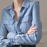 Solid Color Stylish Epaulet Blouse Female Clothing Long Sleeve Single-breasted Casual Pockets Commute Polo-Neck Shirt-Outfit