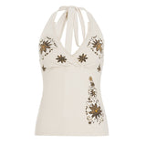 Fongt Sweet And Spicy Wind Print V Collar Hanging Neck Vest Women's Holiday Style Sexy Tight Short Sleeveless Top