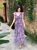 Fongt Xixi 2025 Summer New Korean Version Of High-Waisted Holiday Sling Dress V-Neck Print Pure Desire Skirt 88361