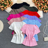 Fongt Spice Sister Wind Short T Shirt Short Sleeve Design Sense Small Square Collar Machine Dew Collarbone Crop Sweater Jacket Female-Outfit