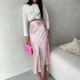 Pink Printed Satin Midi Straight Skirt-Outfit