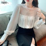 Mesh Satin Chiffon Shirt Long Sleeve Pleated Loose Vintage Blouse Autumn Casual O-neck Beading Stitching Blouse