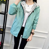 Spring Autumn Women Basic Jacket Pocket Zipper Hooded Two Side Wear Cartoon Print Outwear Loose Coat Windbreaker Female