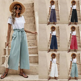 Fongt New Women's Summer Loose Waist Solid Cotton Belt Broad Leg Pants Loose Nine-Point Trousers Women