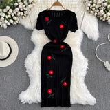Fongt Summer Fashion Temperament Short-Sleeved Round To Receive Waist Thin Long Embroidery Knitted Coat Dress