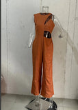 Fongt Summer Fashion Round Collar High Waist Solid Color Hollow Out Wide Leg Jumpsuit-Outfit