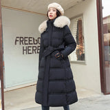 Winter New Down Cotton Clothing Female Long Over The Knee Big Hair Korean Version Slim Thin Belt Coat Cotton-Outfit