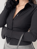 Polo Neck Long Sleeve Rib Blouse-Outfit