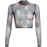 Fongt Women's Cheruel Print Gauze Short Long Sleeve T-Shirt Top Four-Leaf Clover Print