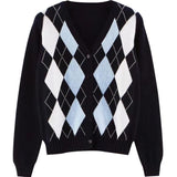 Winter Argyle Plaid Cardigans Women Vintage England Style Single Breasted Long Sleeve Knitted Sweaters Streetwear