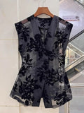 Chinese-Style Net Flocking V-Collar Sleeveless Vest Women's 2024 Summer New High-End Foreign Style All-Purpose Skinny Blouse-Outfit