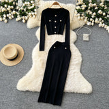 Fongt Fragrant High-Sense Metal Buckle Repair Short Long-Sleeved Knitting Top Female High-Waisted Hip Skirt Two