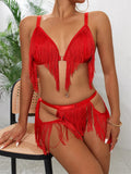 Red Tassel Bra and Panty Lingerie Set-Outfit