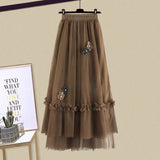 Winter Knitted 2 Piece Sets Women Long Sleeve Knitted Sweater And High Waist Mesh Long Skirts Sets For Women