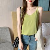 Chiffon Camisole Female V Neck Plain Loose Camis Tops With Adjustable Straps-Outfit