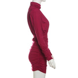 Turtleneck Long Sleeve Puff Pleated Mini Dress-Outfit