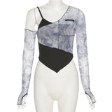Fongt 2023 New Women's Fashion Print Irregular Sexy Open Shoulder False Two Long-Sleeved Women-Outfit
