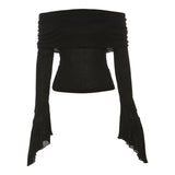 Fongt Summer Women's Solid Color Slim Fashion Temperament A Word Collar Sexy Back Long-Sleeved T-Shirt-Outfit